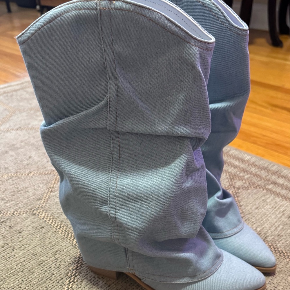 Stylish Light Blue Women's Boots Denim high type baquera o slouchy